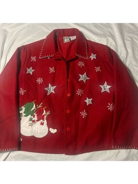 Take Two Christmas Cardigan Jacket Women's M Red Wool Blend Snowman Stars Vtg